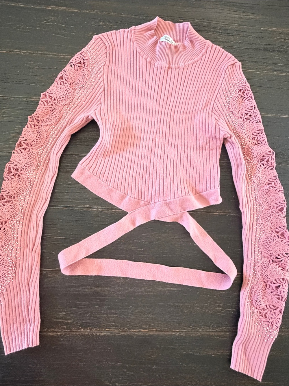 Pink Ribbed Crochet Sleeve Wrap-Front Women's Top